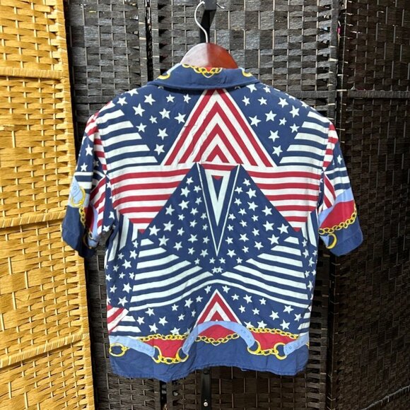 Spencer Jeremy Womens Vintage Blouse Small Blue Printed Silk Flag and Chain - Picture 7 of 7